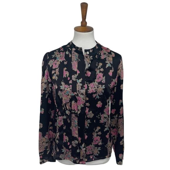 Vintage Black 100% silk pleated tailored floral button down blouse top medium 6 - Picture 1 of 12